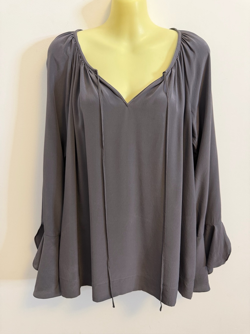 Dora Landa Grey 100% Silk Flutter Sleeve Blouse